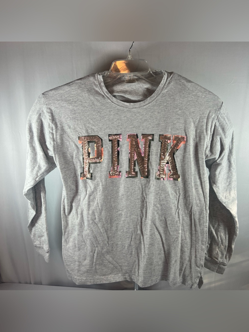 PINK Victoria's Secret Gray Long Sleeve Tee with Pink Sequin Logo